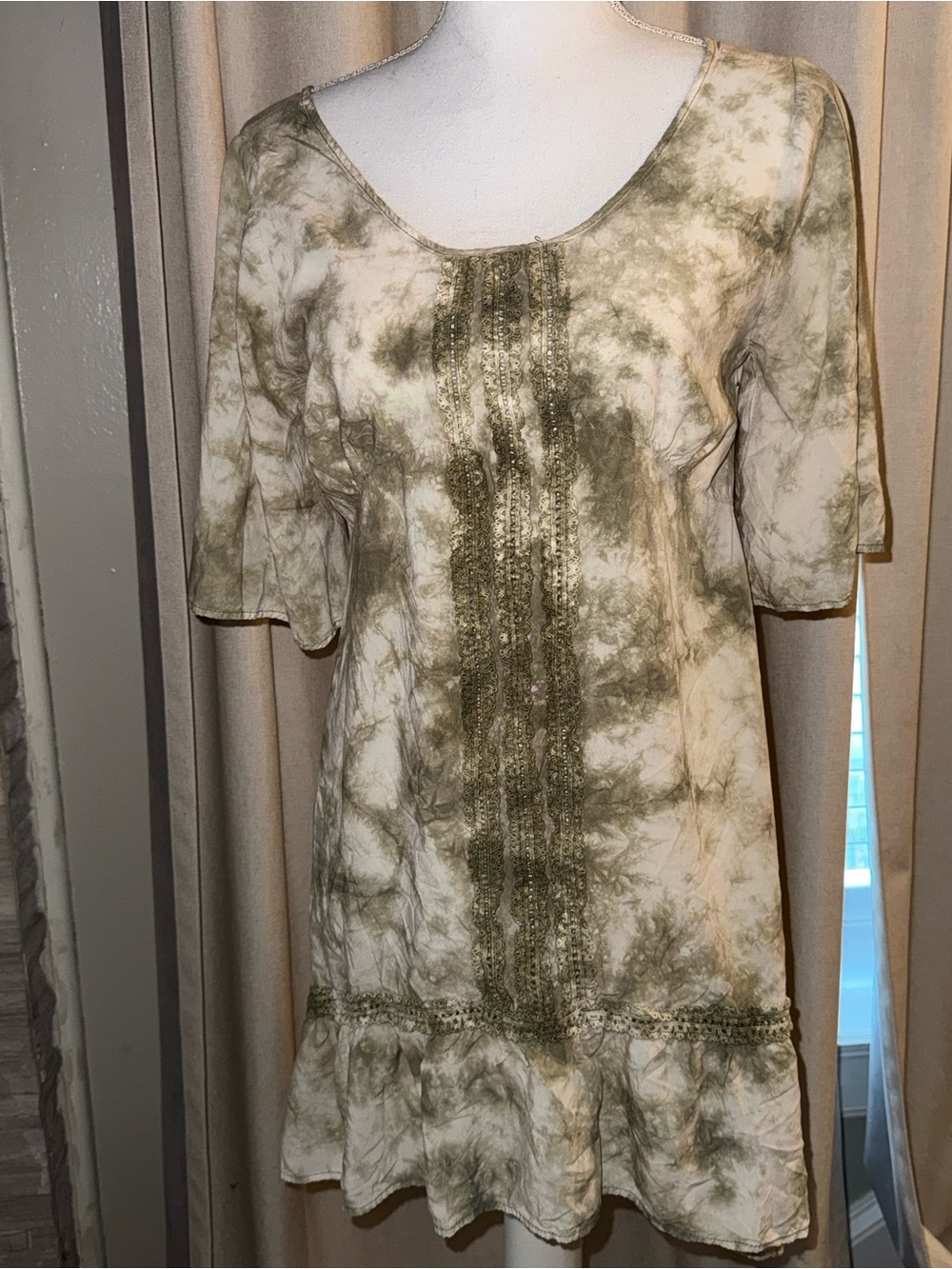 Umgee Olive and Cream Tie-Dye Lace-Trim Mini Dress
